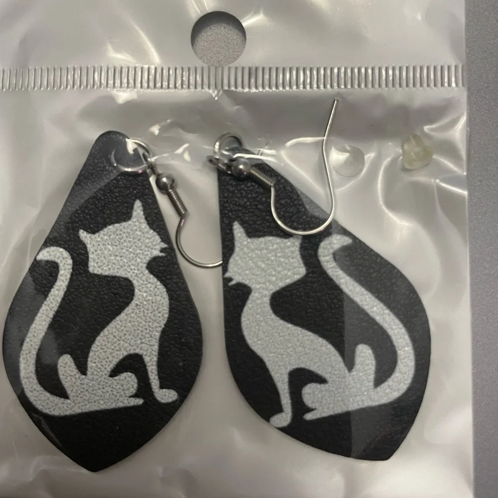 Black Cat Faux Leather Dangle Halloween Earrings